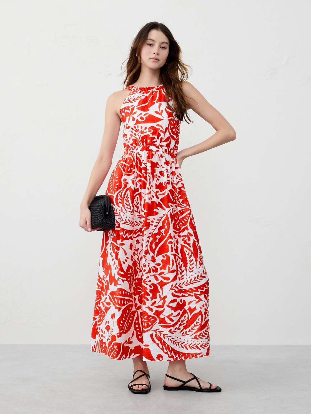 Banana Republic Factory halter-neck midi dress in a red and white leaf
